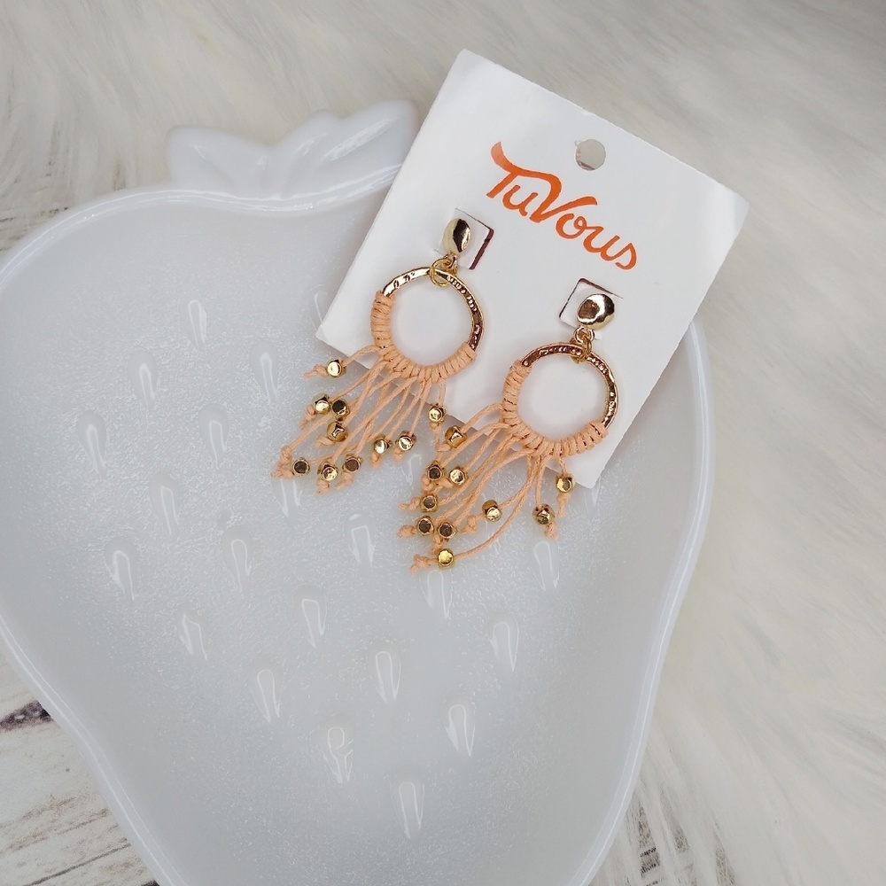CORAL FRINGE BOHO DREAM CATCHER DANGLING EARRINGS